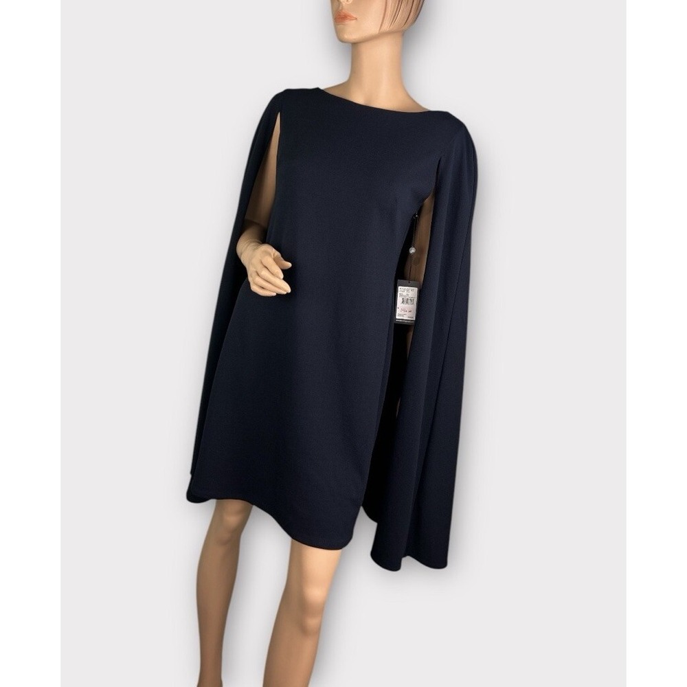 Maggy London Navy Blue Cape Sheath Cocktail Dress Boat Neck Mini NEW - Picture 5 of 10